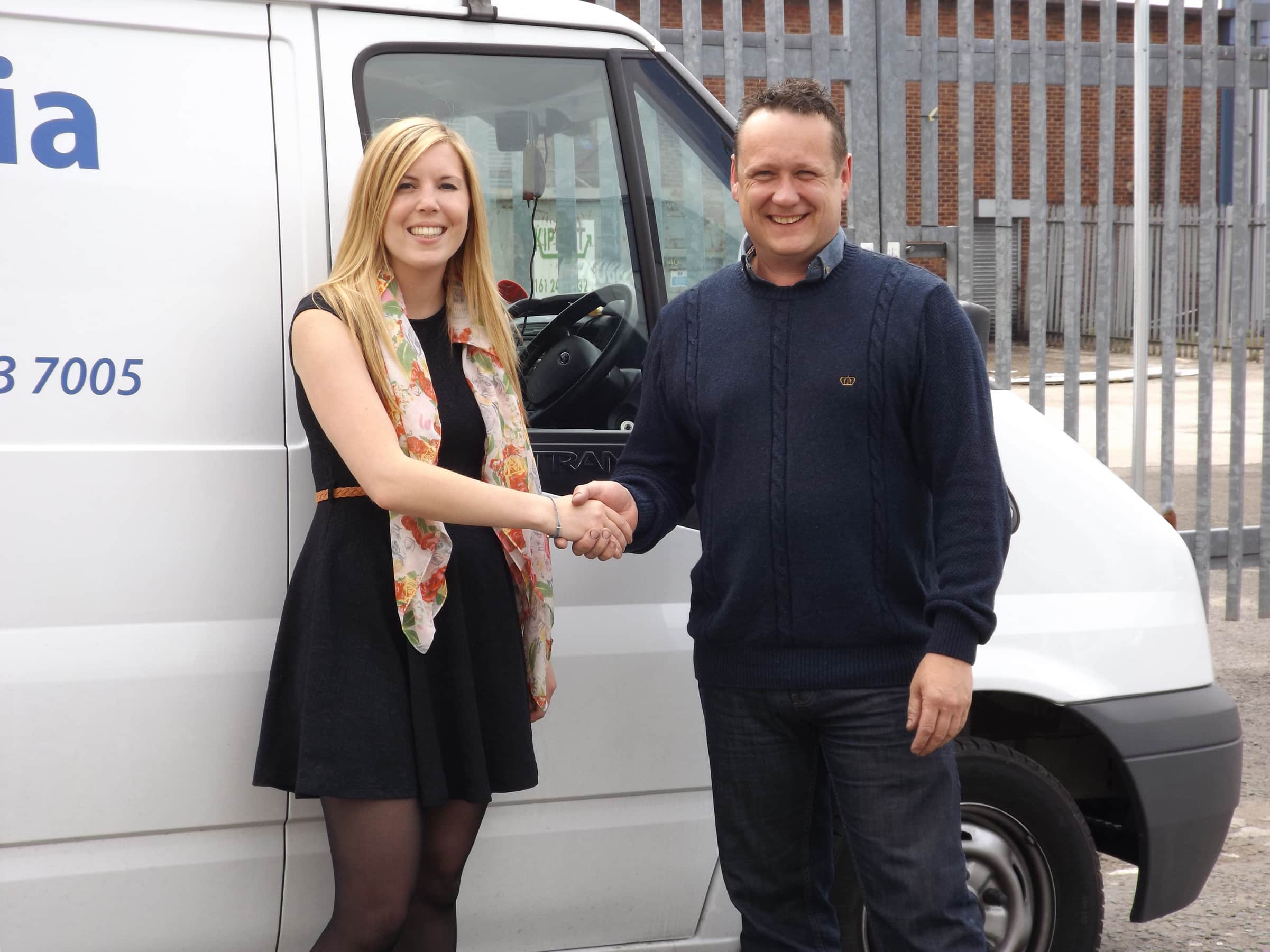 Lucy McIntosh, TouchStar Sales Executive, congratulates Tony Jones, Operations Manager at NWMS